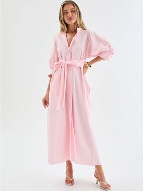 Soft Pink Button-Front Tie-Waist Dress